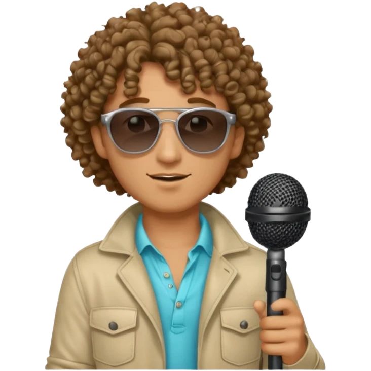 curly haired man with summer clothes and sun glasses holding microphone emoji