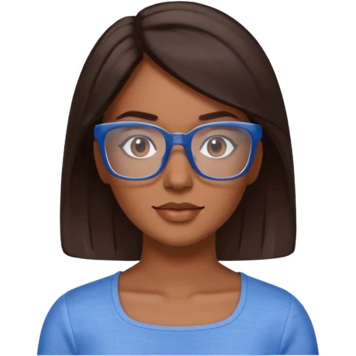 mujer de 30 años, cabello marron oscuro, anteojos cuadrados transparente, top celeste escote cuadrado emoji