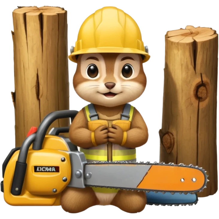  a chipmunk in a construction helmet and with a chainsaw in his hands kneels in front of a log and prays emoji