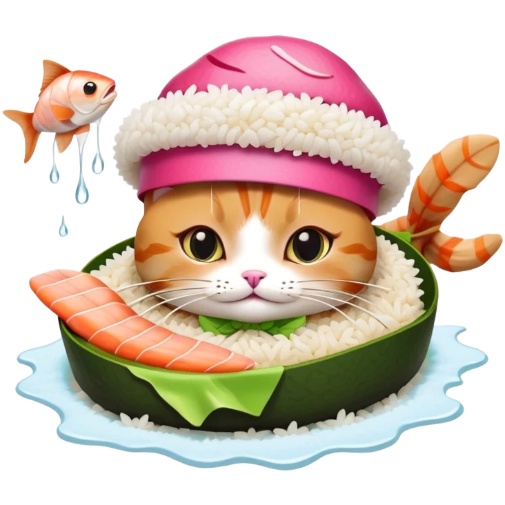 cat wearing a sushi hat with rice base, multiple fish pieces on top, wasabi accent, pink ginger slices, and lots of soy sauce heavily dripping down the sides emoji