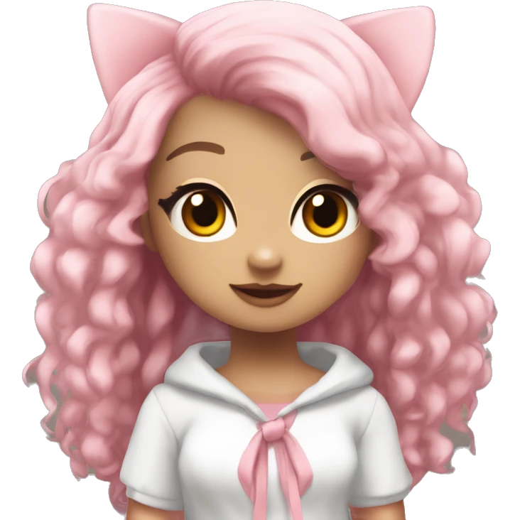 make a girl Roblox character add Preppy front tied top add white skirt blush add Pink Layered Kawaii Hair w/ Fluffy Kitty Beanie add Animated emoji Face drawing only face and all emotion  emoji