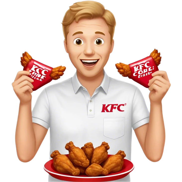 "Create an emoji of a white man holding KFC chicken wings with a happy and excited expression. Make sure to add the text 'KFC ABSOLUTE CINEMA ✋😮🤚' in large, bold letters, covering the entire screen and standing out clearly. This text must be included. Use a vibrant and expressive style." emoji