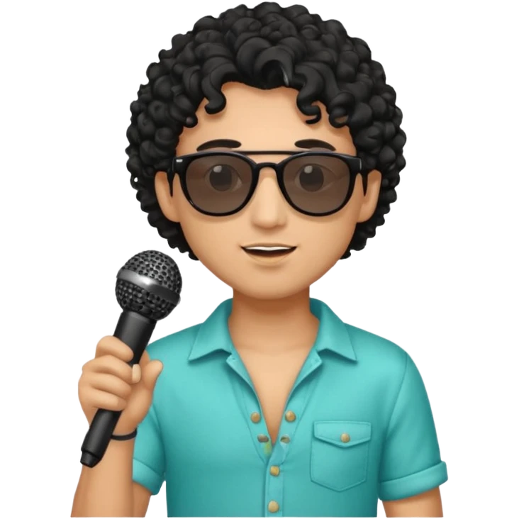 curly haired man with summer clothes and sun glasses holding microphone emoji