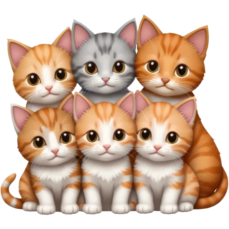 6 tiny kittens cuddling together all different colours, the first one is grey and white, the second is ginger and white and the third is brown tabby and white emoji