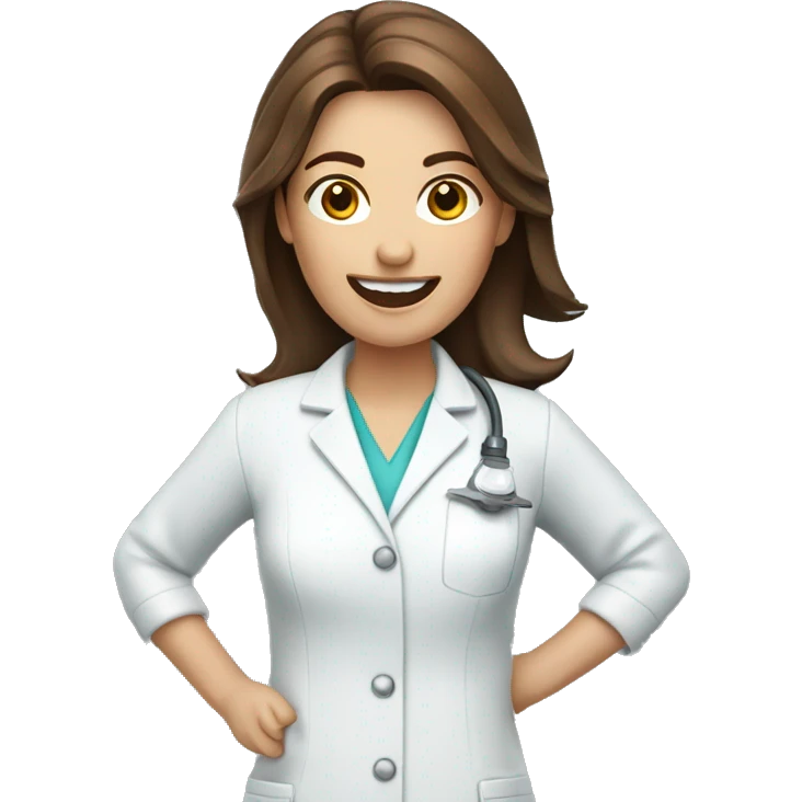 Brown haired female dentist holding drill emoji
