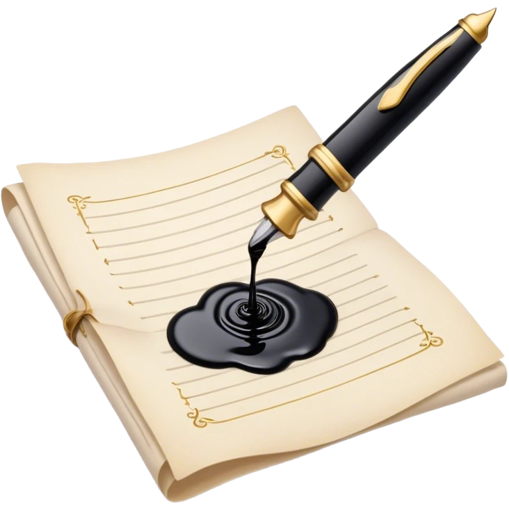 Create a delicate, artistic emoji representing poetry. The design should include a black fountain pen or quill with ink flowing gently onto a piece of parchment or scroll. Add soft, flowing lines to represent the fluidity of verse and creativity. Include elements like a small ink bottle or a feather in the background, and subtle accents of gold or silver to evoke elegance and inspiration. The overall design should feel light, romantic, and whimsical. Make the background transparent. emoji