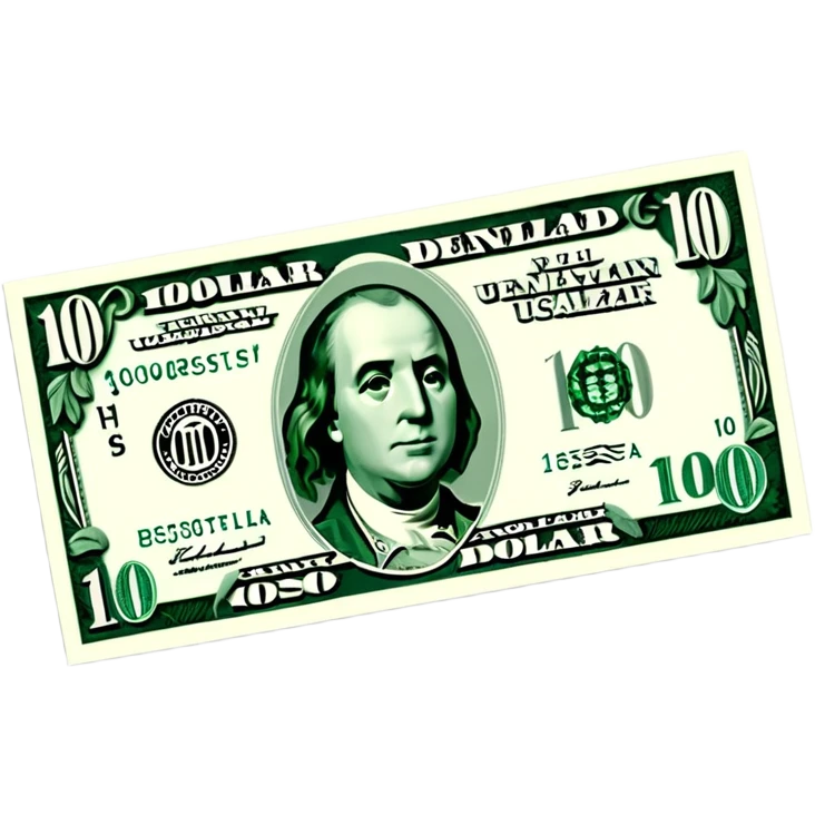 3D realistic US 100 dollar bill sticker, slight perspective, centered, clean cutout, transparent background, no text, no watermark emoji
