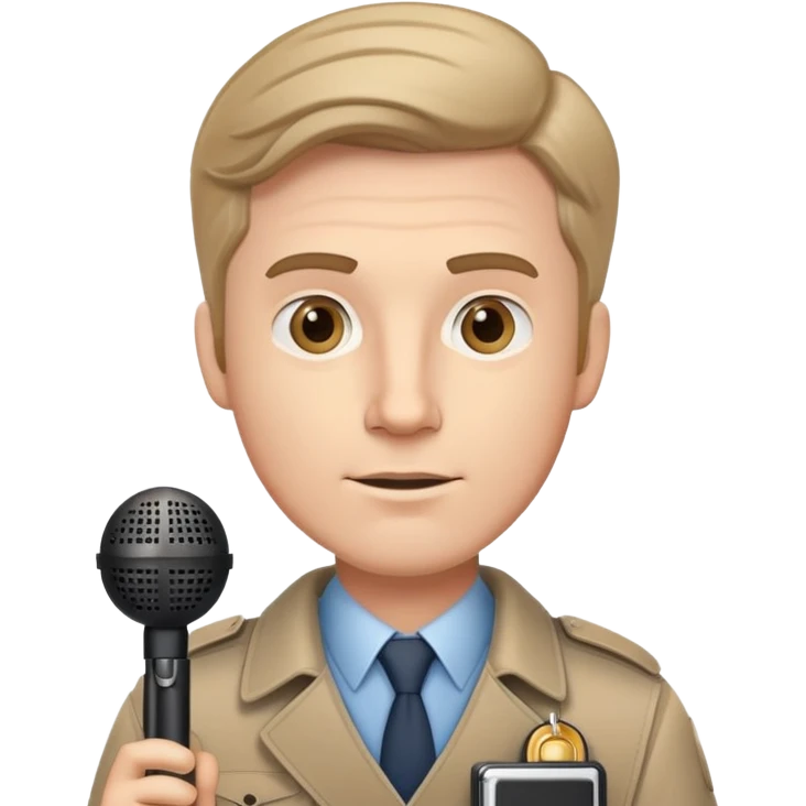 white man journalist with press badge notepad and microphone emoji