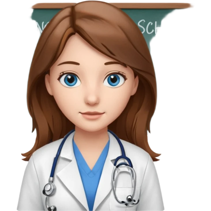 inside a classroom at university that says nursing school on the board with a pretty female nursing student with long brown hair, blue eyes emoji