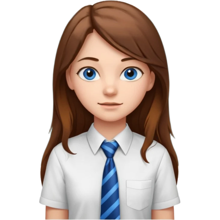 high school class room with a blackboard, with a pretty female high school student with long brown hair, blue eyes, wearing a tie emoji
