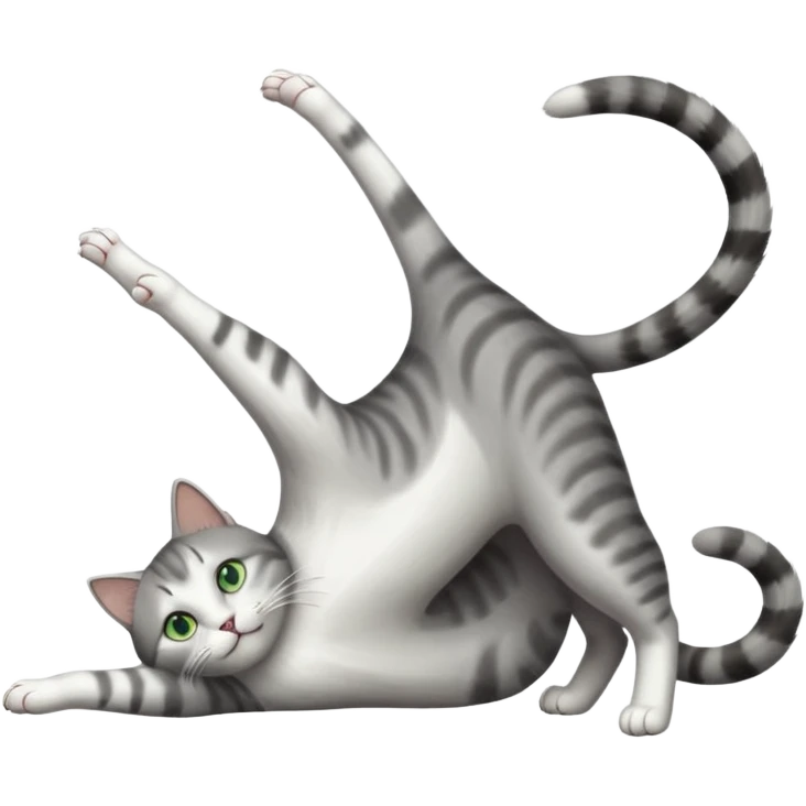 grey and white cat with green eyes doing a big extremely long stretch reaching up into the air with arms and legs side by side together straight and overextended whilst lying on its side emoji