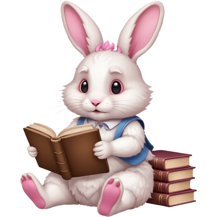 White rabbit sitting horizontally in a natural position on 4 legs, without a book.  There are 3 books nearby. books lie on top of each other  in brown tones

 emoji