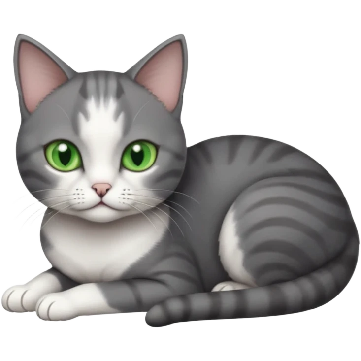 full body tiny short hair dark grey and white cat with white front legs and green eyes lying down emoji