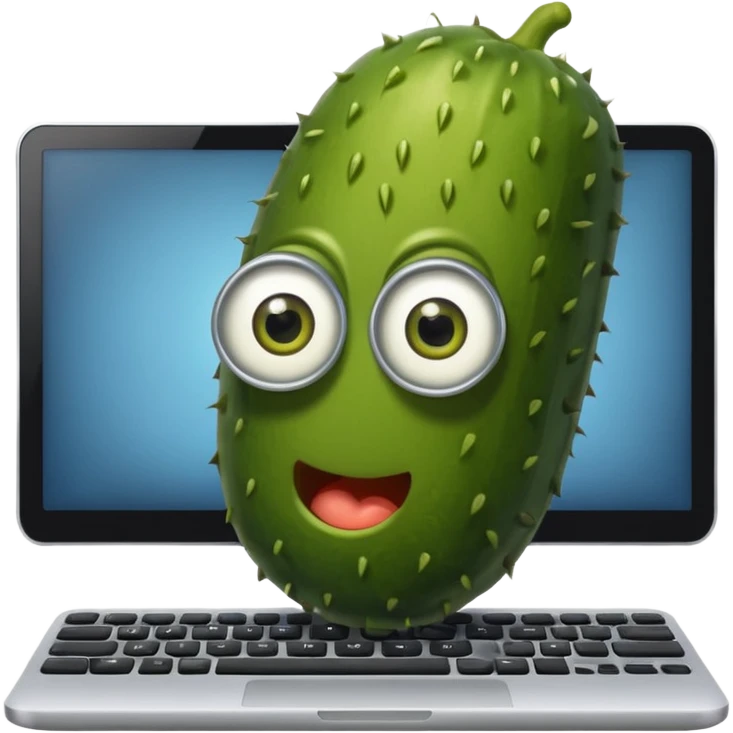 Pickle typing on computer big eyes emoji