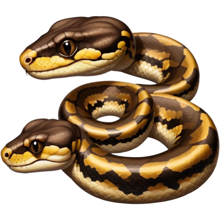 A photo-realistic digital illustration of a Ball Python, large headshot portrait. The snake has a short, rounded snout and smooth, soft contours, with a gentle, inquisitive expression that gives it a slightly playful charm. Its head is warm brown with bold, irregular dark markings. emoji