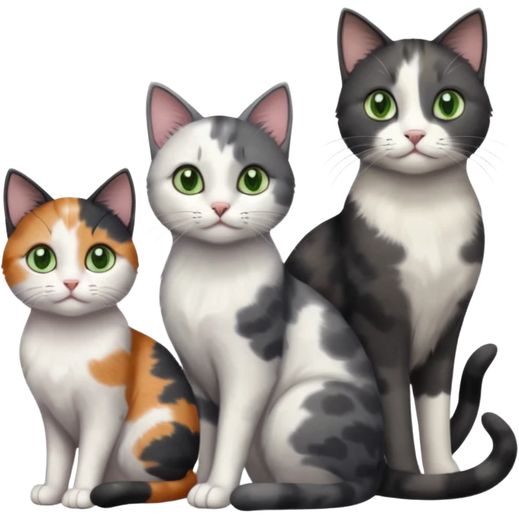 3 different coloured small cats including a dark grey and white, and a patchy calico and a completely solid dark grey with green eyes and only white paws emoji
