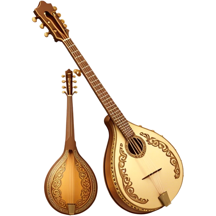 Bouzouki – Cinematic Realistic Bouzouki, depicted as a beautifully crafted Greek string instrument with a long neck and ornate fretwork, its polished wooden body reflecting warm golden light, set on a rustic background with soft shadows that evoke traditional Mediterranean music. emoji
