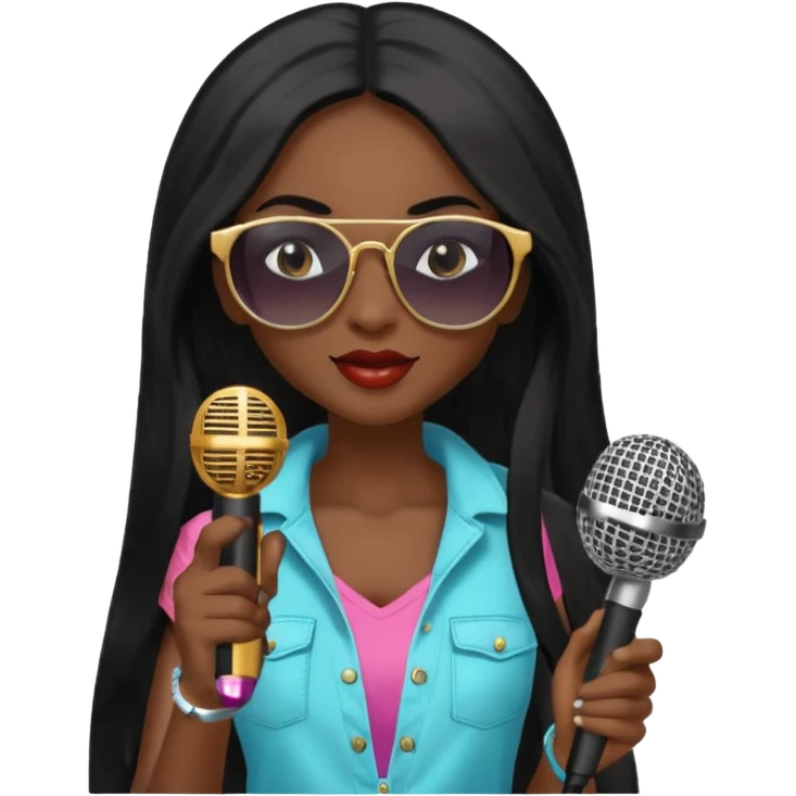 dark long haired woman with summer clothes and sun glasses holding microphone emoji