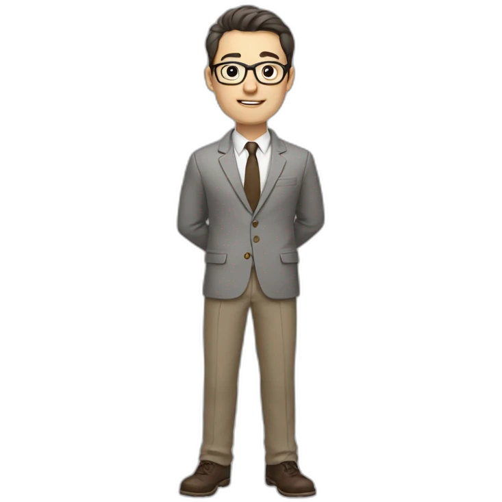 Full height Actively gesturing with hands Pale skinned fit man with dark brown hair in gray jacket, beige office shirt, brown tie, brown pants and vintage glasses. emoji