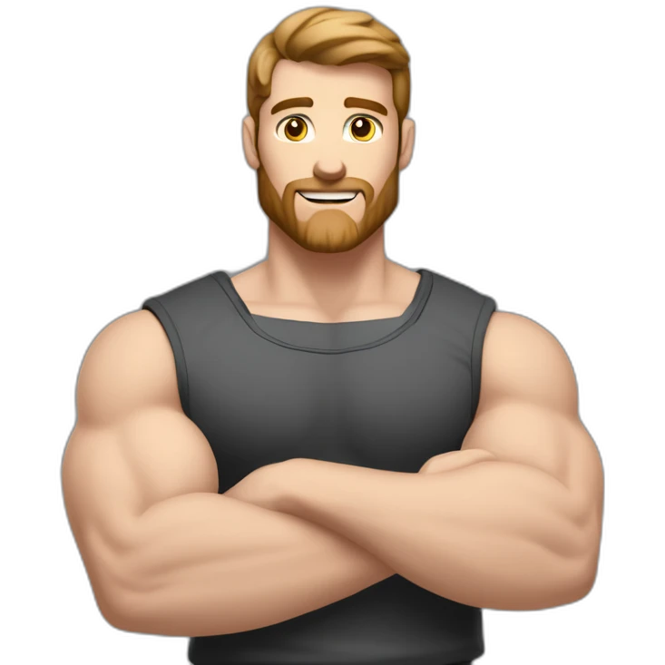 Close up Actively gesturing  with hands Pale skinned Fit Man With the biceps and brown hair in dark gray Sleeveless Mike, black oversize sports shorts, watch and white Sneakers emoji