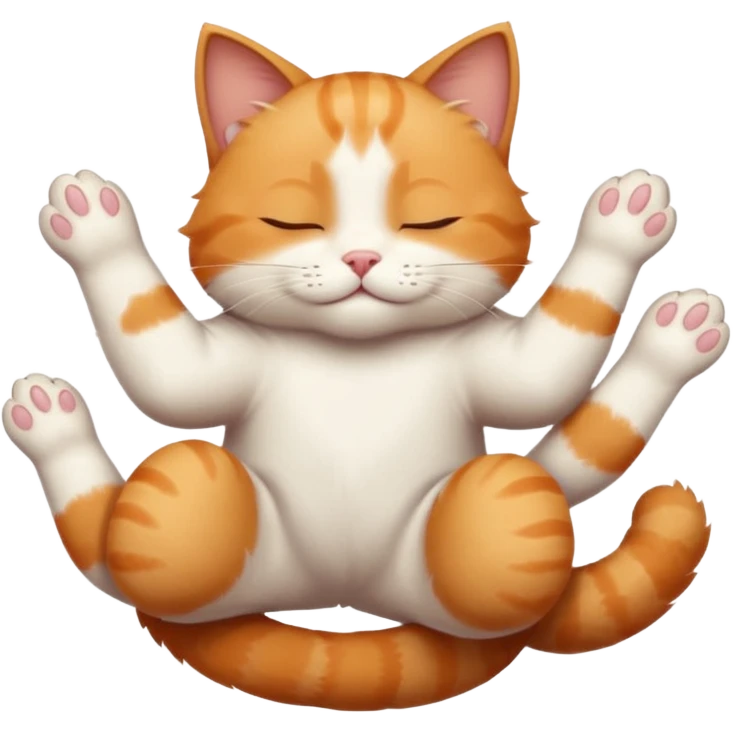 ginger and white small cat eyes closed lying down upside down with paws stretched out in different directions emoji