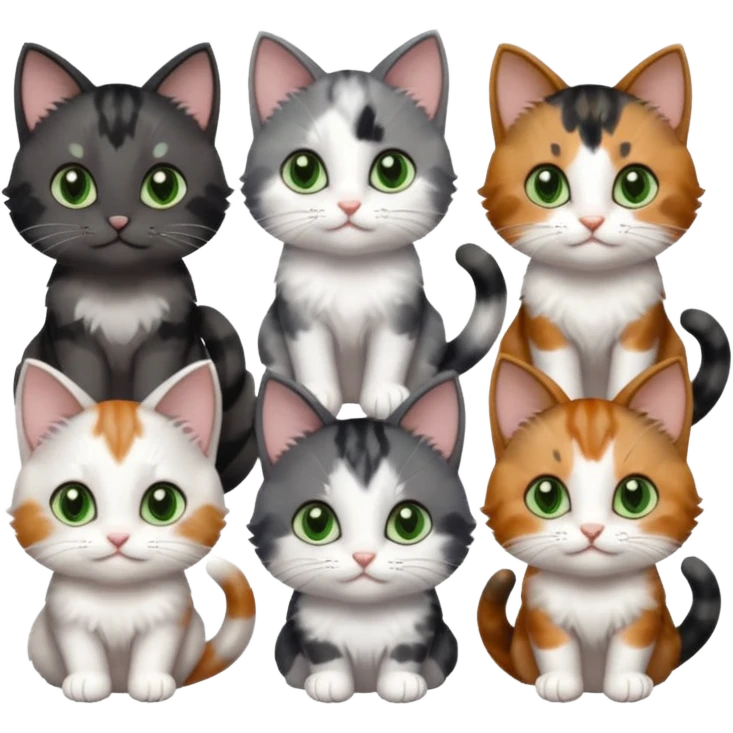 6 different coloured small cats including a dark grey and white, and a patchy calico, and a brown tabby and white,  and a completely solid dark grey with green eyes and only white paws emoji
