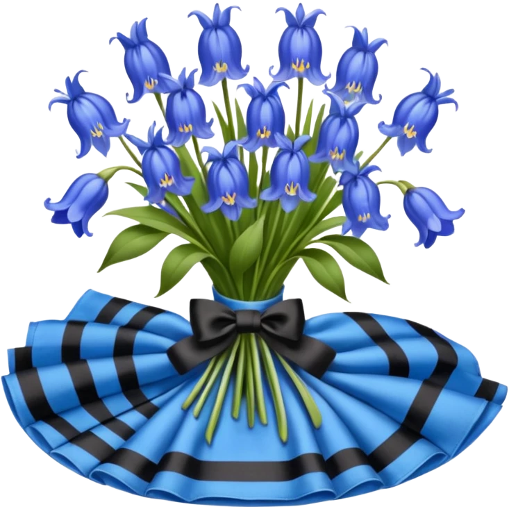 A lush bouquet of bright blue color bluebell black satin ribbon, , with a pale yellow and pink plaid pattern table cloth emoji