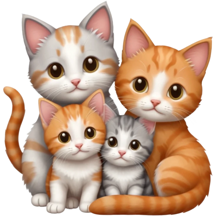 3 tiny kittens cuddling together all different colours, the first one is grey and white, the second is ginger and white and the third is brown tabby and white emoji