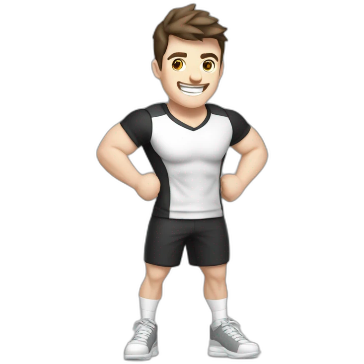Joyful Celebrating victory Pale skinned Fit Man With the biceps and dark brown hair in black shirt, gray sports shorts and white Sneakers emoji