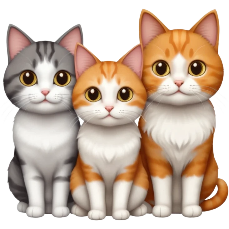3 different coloured short haired cats including; a dark brown tabby and white cat, and a dark grey and white and a ginger and white emoji