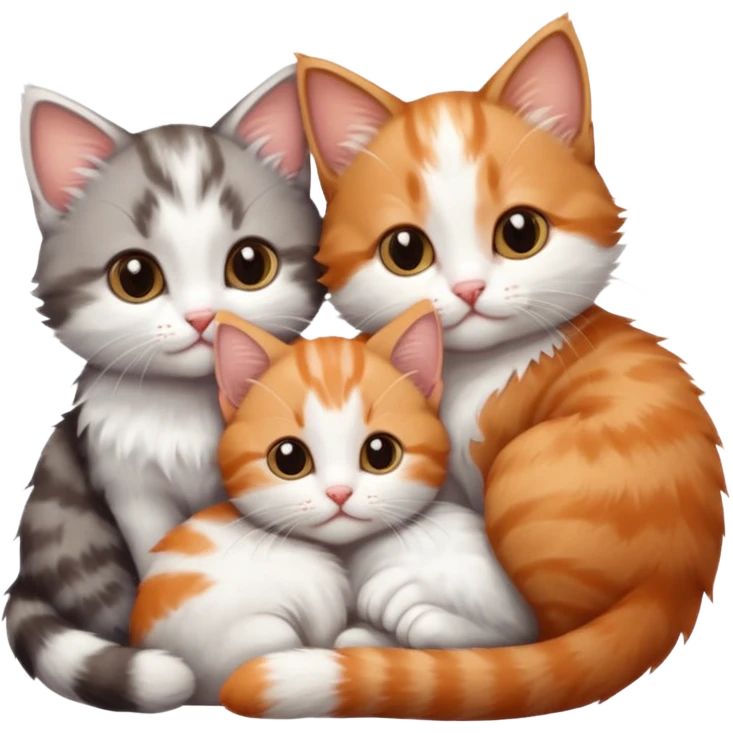 3 tiny kittens cuddling together all different colours, the first one is grey and white, the second is ginger and white and the third is brown tabby and white emoji