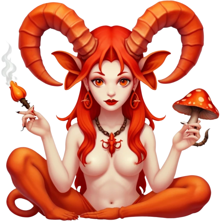 Feminine red Scorpio Baphomet standing among trippy red and orange mushrooms.. she’s smoking  and holding a scorpion  emoji
