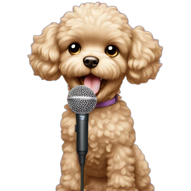 Toy poodle with microphone singing emoji