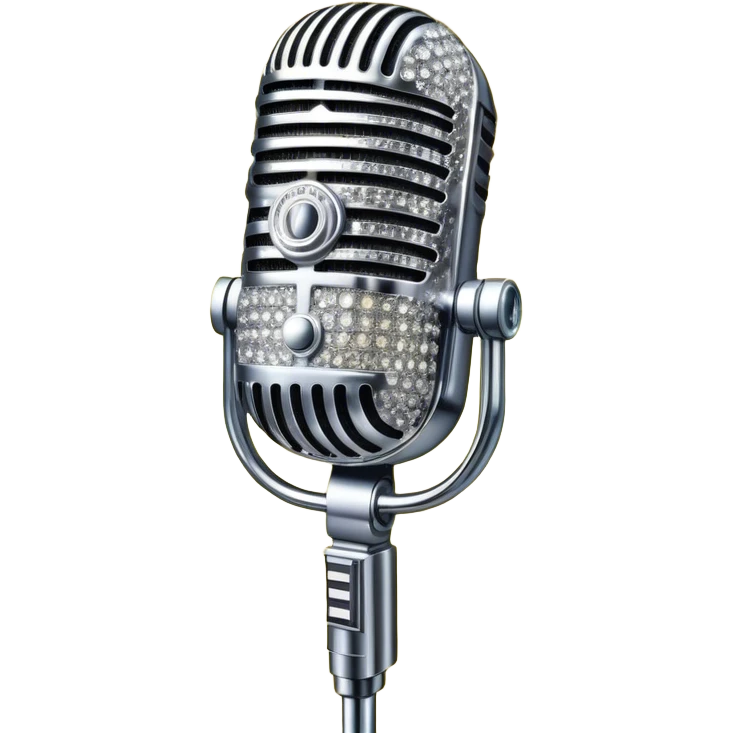 Create a glamorous and vibrant emoji representing stage vocal performance. The design should feature a humanless collage of classic vintage microphone, stage costume covered in rhinestones, sparkling brightly. The costume should be stylized, with glittering elements like sequins and sparkles, and reflect the glitzy, extravagant nature of show business. The microphone should have a sleek, retro look with chrome or metallic accents. Use rich, dazzling colors like gold, silver, deep purple, and bright red to evoke the glamorous, larger-than-life feel of a stage performance. The background should be transparent. emoji