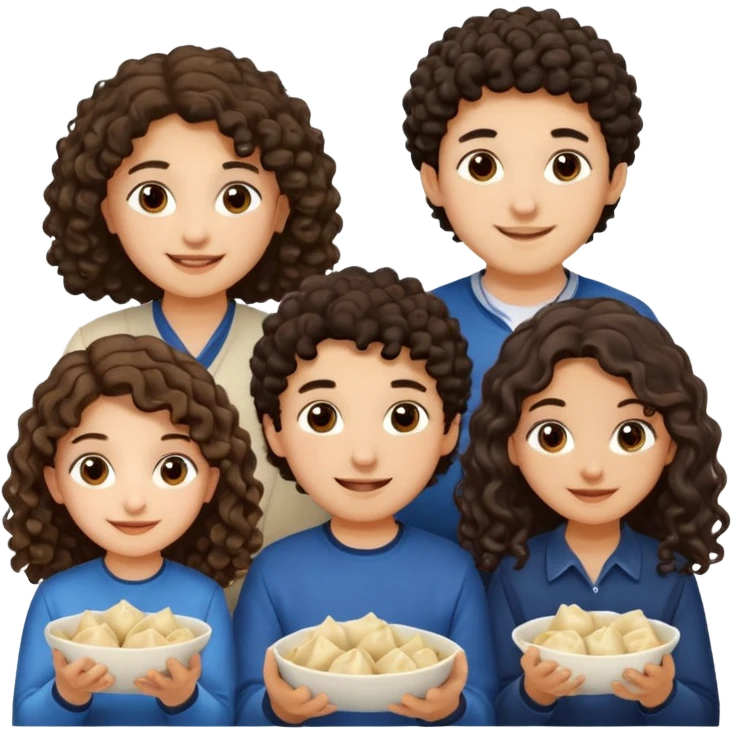 Can you create an emoji of three 23 year olds eating dumplings. One boy with wavy curly hair and one Jewish girl with long dark brown curly hair and one half Indian / half white girl with mid length dark brown hair. All brown eyes emoji