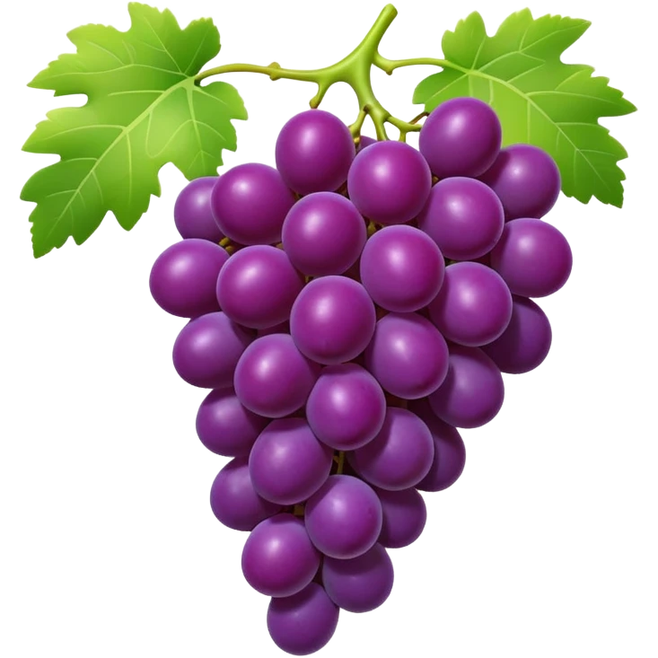 3D iPhone style emoji of a bunch of grapes, plump and shiny, purple color, attached to a small green stem, isolated on white background, soft shadows, high detail, playful and cute. emoji