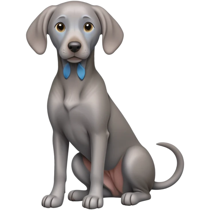 cinematic-[weimaraner]-realistic-full-body-sitting-emoji,-tail-resting-loosely-beside-its-paws,-head-tilted-dramatically, -sleek-[grey blue]-fur,-simplified-yet-realistic-focused-features,-highly-detailed,-glowing-with-an-almost-sarcastic-glow emoji
