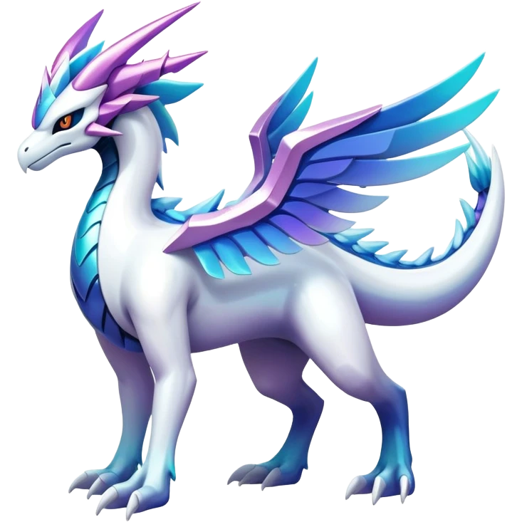 Colorful Pastel Iridescent-gradient Futuristic Modern Epic Legendary Shiny Cyber-Suicune-Dialga-Lugia-Reshiram-Creature, (full body) emoji