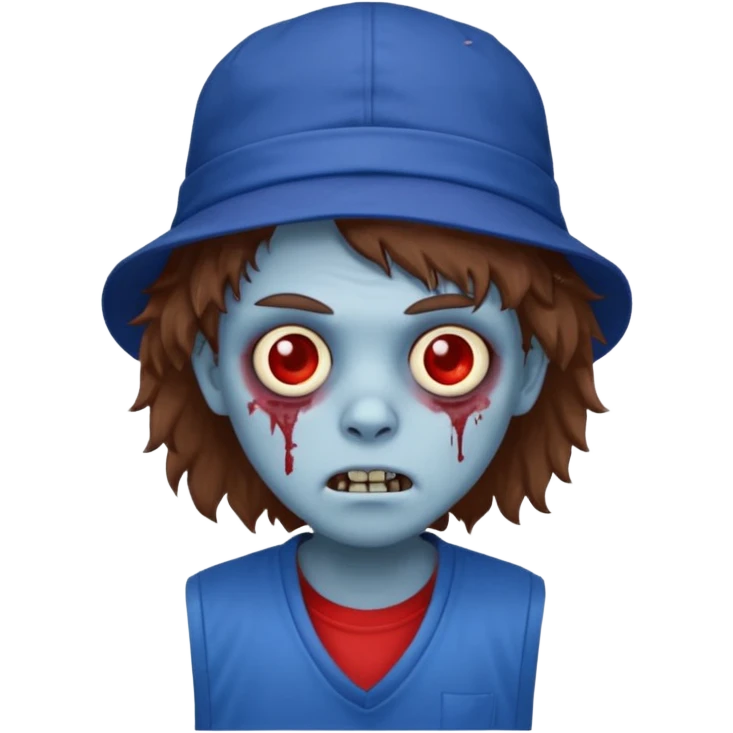 brown fluffy hair zombie with blue and white hat dark blue jilet red t shirt emoji