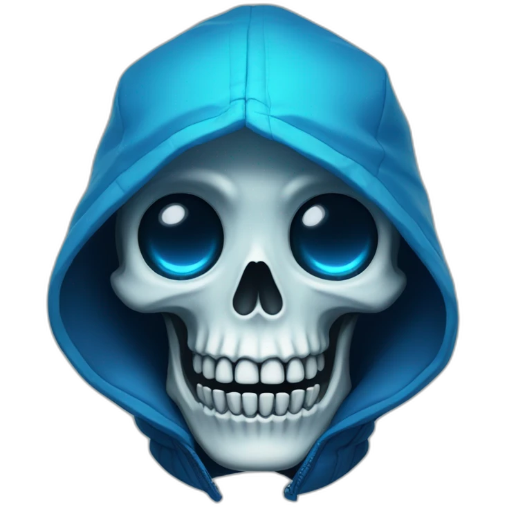 skeleton with one blue glowing eye wearing a blue winter jacket emoji