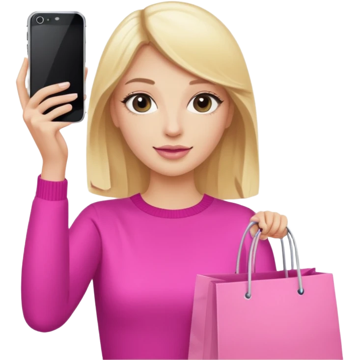 Blond influencer taking selfie with an iphone with one hand and a pink shopping bag in the other hand emoji