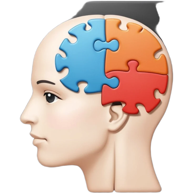 Minimalistic flat vector icon, iOS style, thin black contour on white background. Human head profile with a brain inside, split into puzzle pieces. No text, no shadows. emoji