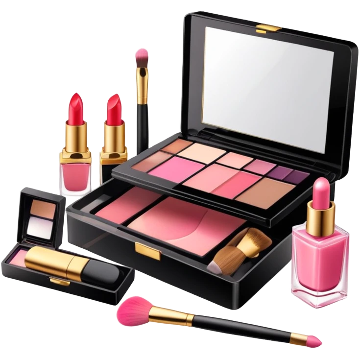 an open box with makeup brushes, compact powder, and perfume bottle spilling out emoji