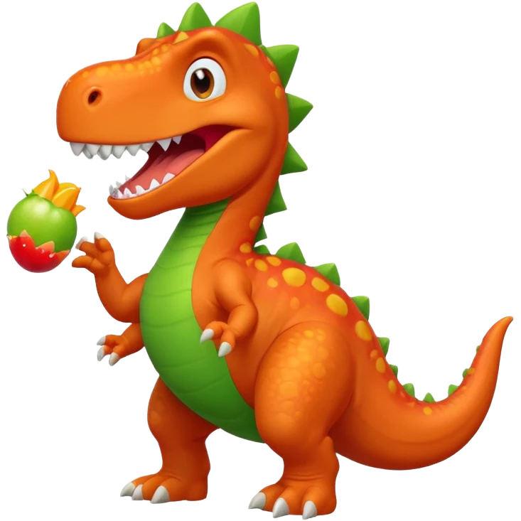 cheerful orange and red dinosaur mascot Gulpee from Planet Coaster, wearing a green t-shirt, big smile, energetic pose emoji