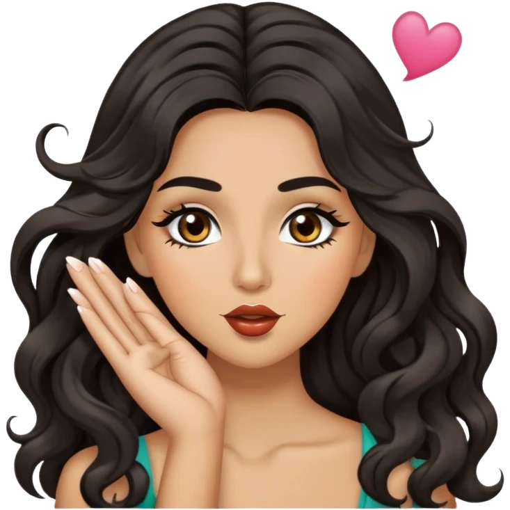 woman with olive skin, brown eyes and long lashes, and long black wavy hair blowing a kiss emoji