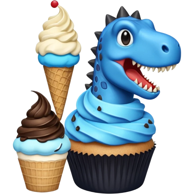 A cupcake having blue and black icing and a dinosaur as a decoration and ice cream next to it emoji