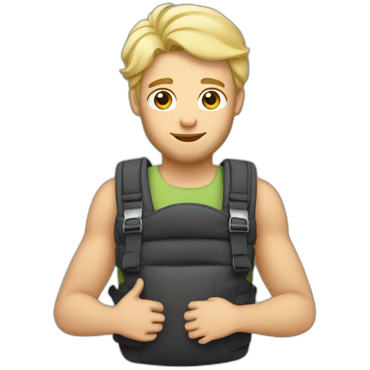 Blonde man wearing a baby in a baby carrier with broad shoulders and short scruffy hair emoji
