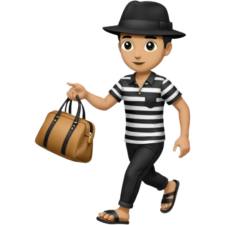 Make a man wear a black pant and he shirt is balck line and white line and wear a black hat and he holding a money bag and he running he wear a black eye thing no money in the Left hand and he yellow and the money bag in the right he wear a flip flop like this is Money bag 💰 NO MONEY emoji