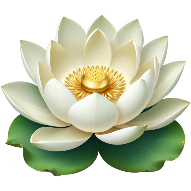 Pure white lotus flower with delicate pristine petals and golden center, accompanied by botanically accurate lotus leaf with distinctive notch and upturned edges emoji