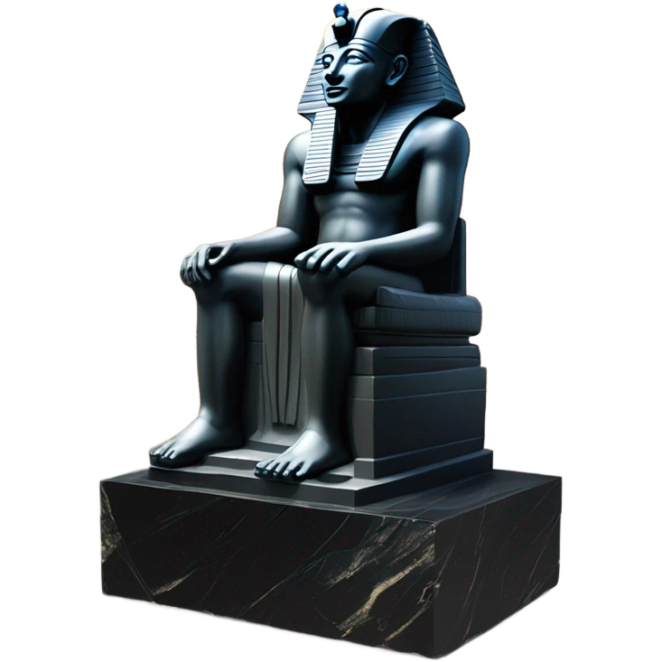 Osiris depiction accurate obsidian statue on granite 30 ton brick, massive size, sunlight behind, sunset colors, reflections on black stone polished clean perfect, photography angles emoji